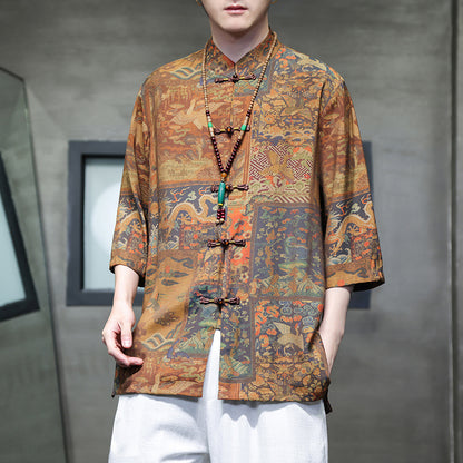 Mens Summer Chinese Tang Shirt Three Quarter Sleeve Fashion Trendy