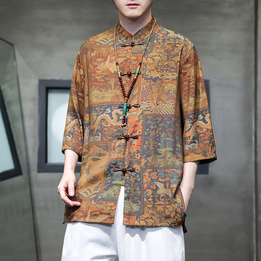 Mens Summer Chinese Tang Shirt Three Quarter Sleeve Fashion Trendy