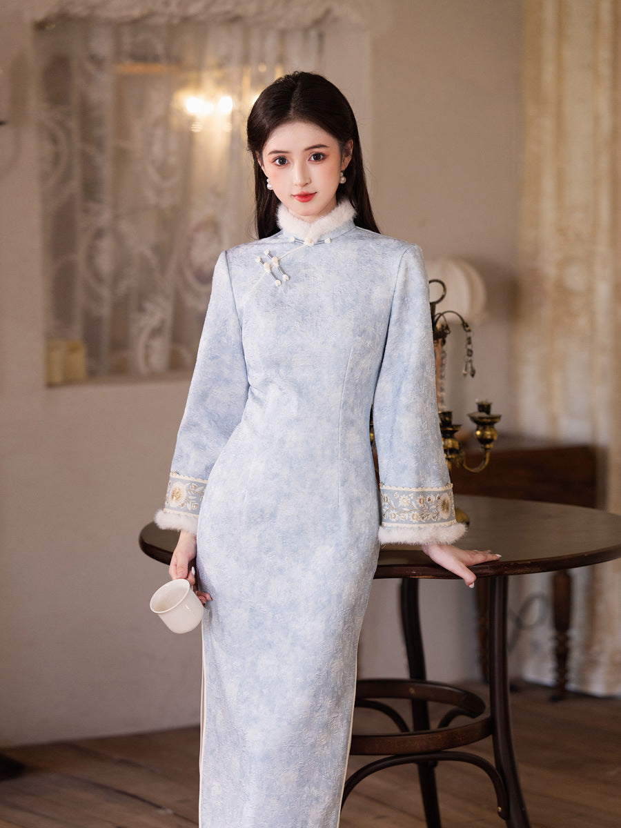 Gentle Brightening Cheongsam | New Chinese Style Winter Thickened Fleece Dress