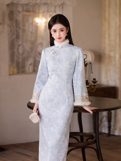 Gentle Brightening Cheongsam | New Chinese Style Winter Thickened Fleece Dress