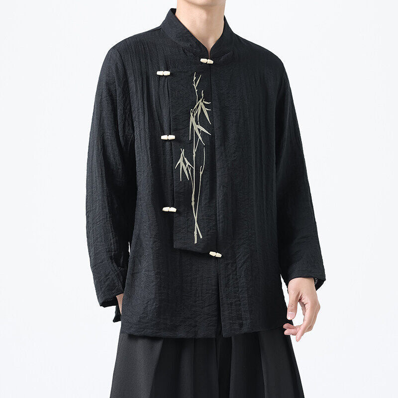 Chinese Style Mens Slanted Collar Hanfu Shirt Long Sleeve Tea Dress