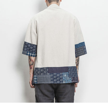 Summer Chinese Hanfu Cardigan Men’s Cotton Linen Patchwork Robe