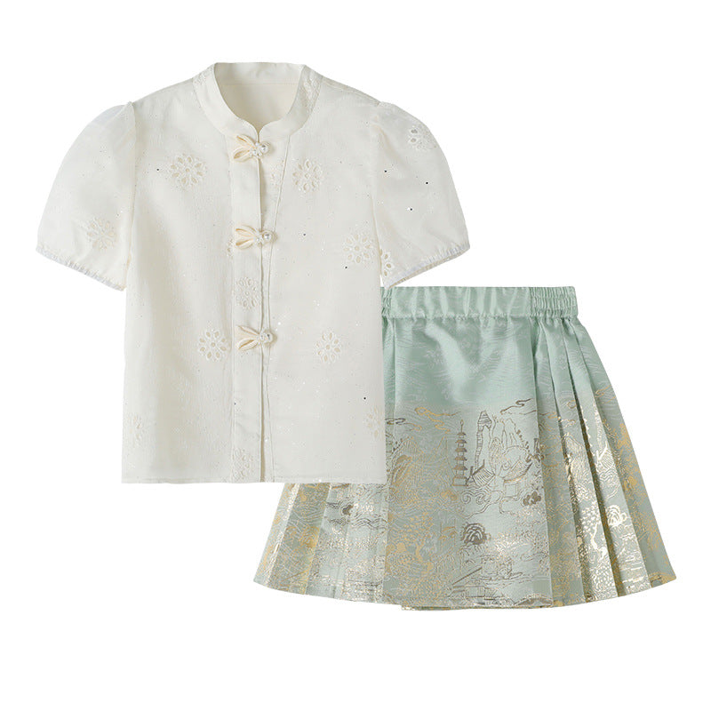 Girls Summer Hanfu Set — Short Sleeve Shirt & Mamian Skirt Two-Piece