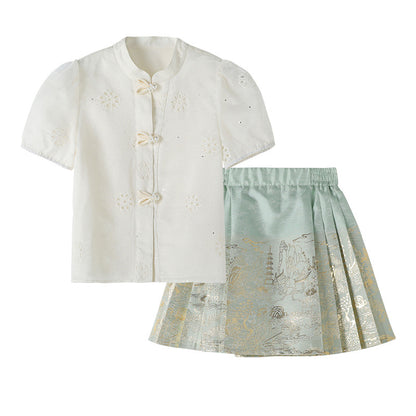 Girls Summer Hanfu Set — Short Sleeve Shirt & Mamian Skirt Two-Piece