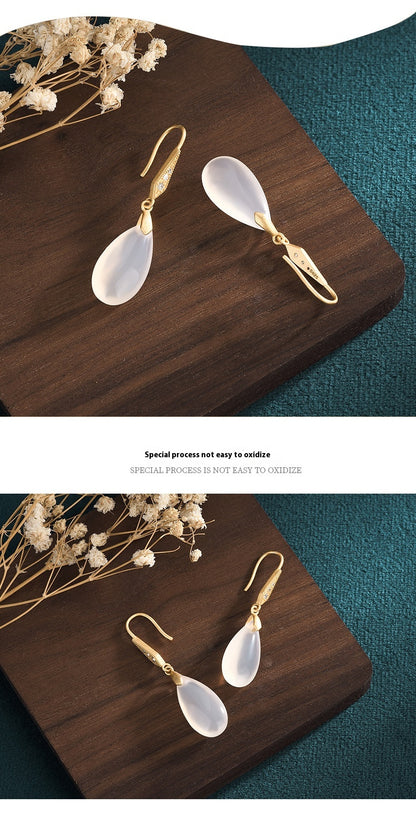 Classical Chinese Earrings | Elegant Agate Chalcedony Silver Jewelry for Women