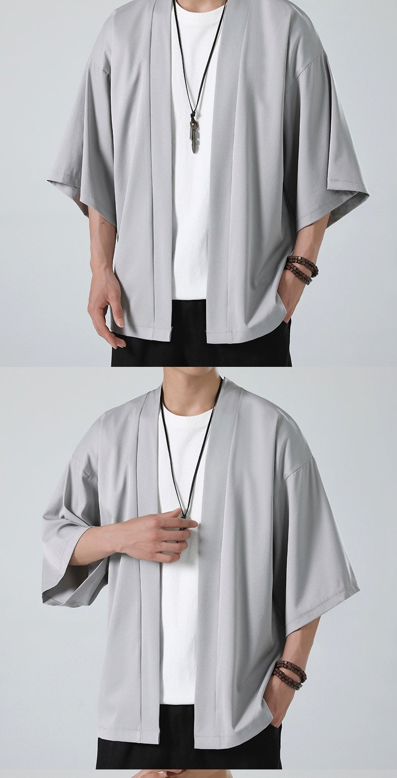 Mens Chinese Hanfu Dao Robe Large Size Zen Ice Silk Kimono