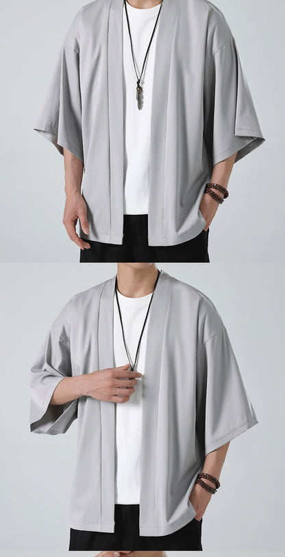 Mens Chinese Hanfu Dao Robe Large Size Zen Ice Silk Kimono