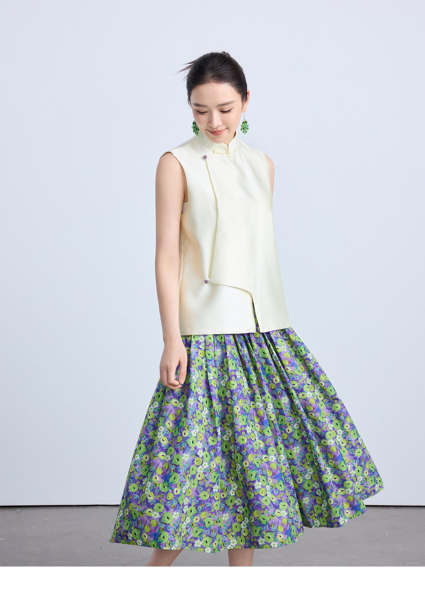 High-End Green Floral Midi Skirt with Elastic Waist
