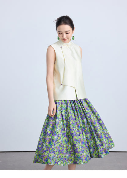 High-End Green Floral Midi Skirt with Elastic Waist