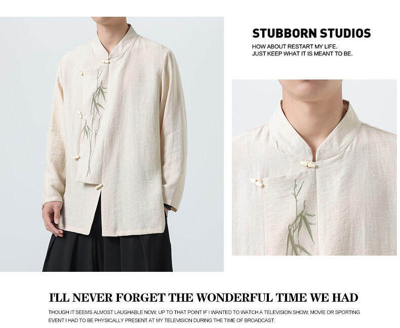 Chinese Style Mens Slanted Collar Hanfu Shirt Long Sleeve Tea Dress