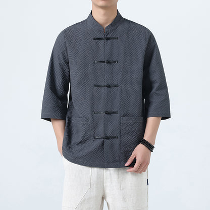 Mens Chinese Cotton Linen Shirt Retro Stand Collar Tang Suit Top