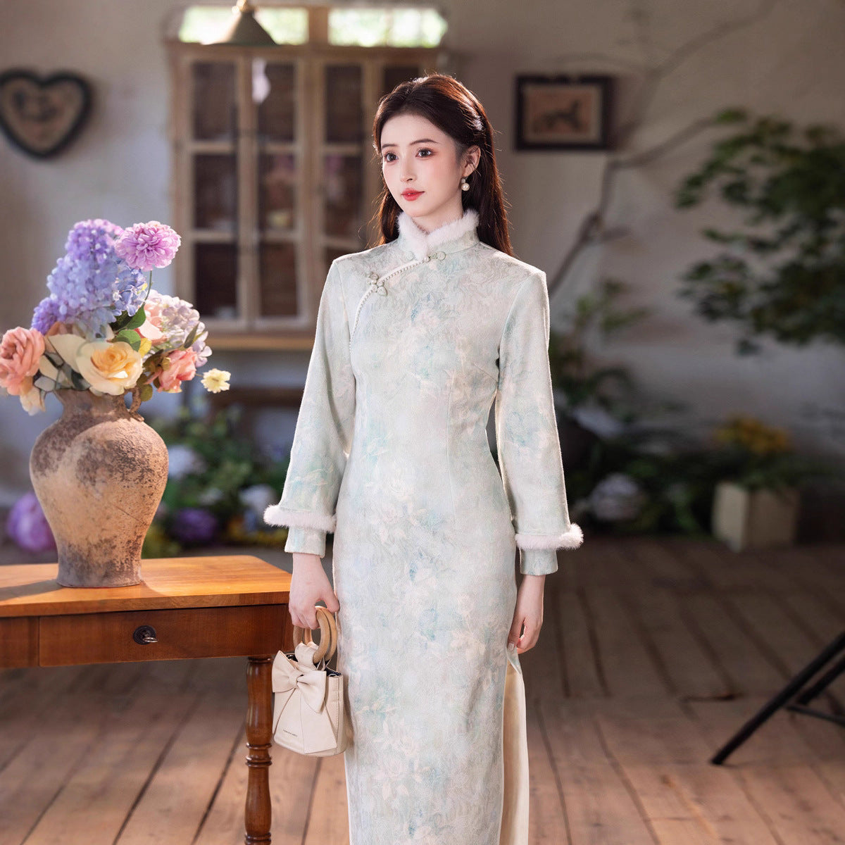 Elegant Satin Beaded Winter Qipao | Fleece-Lined Thickened Long Dress