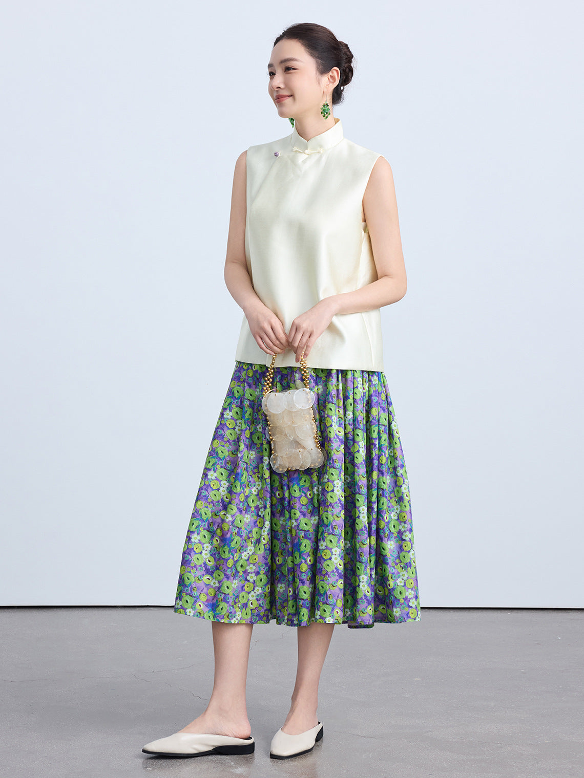 High-End Green Floral Midi Skirt with Elastic Waist