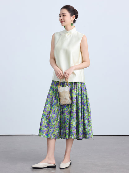 High-End Green Floral Midi Skirt with Elastic Waist