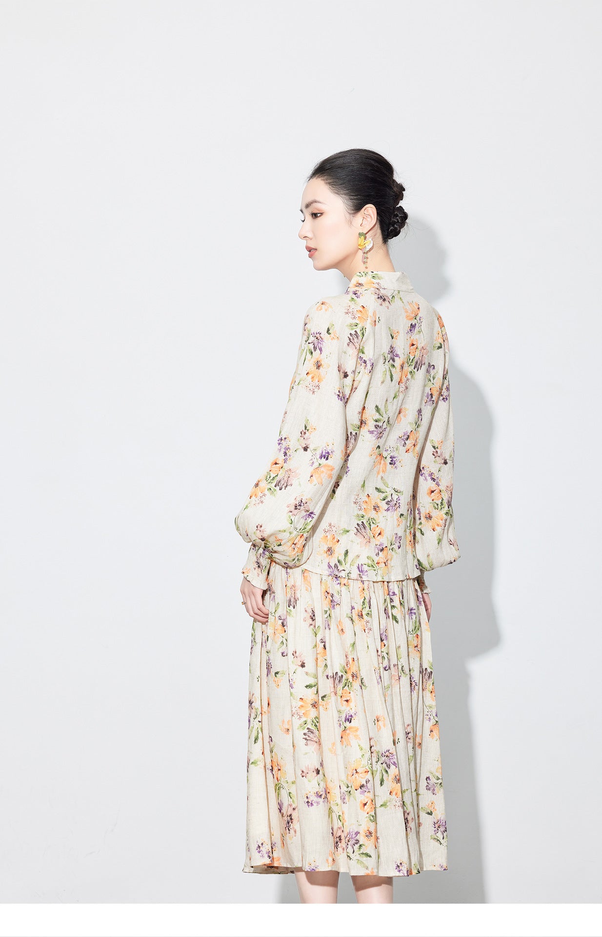 National Style Linen Floral Shirt & Skirt Two-Piece Set