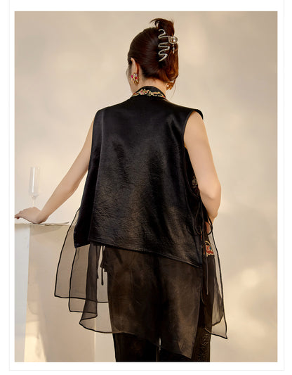 2026 New Chinese Style Silk Embroidered Mesh Patchwork Vintage Vest