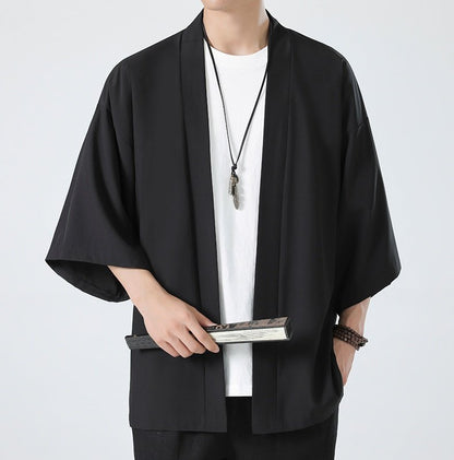 Mens Chinese Hanfu Dao Robe Large Size Zen Ice Silk Kimono