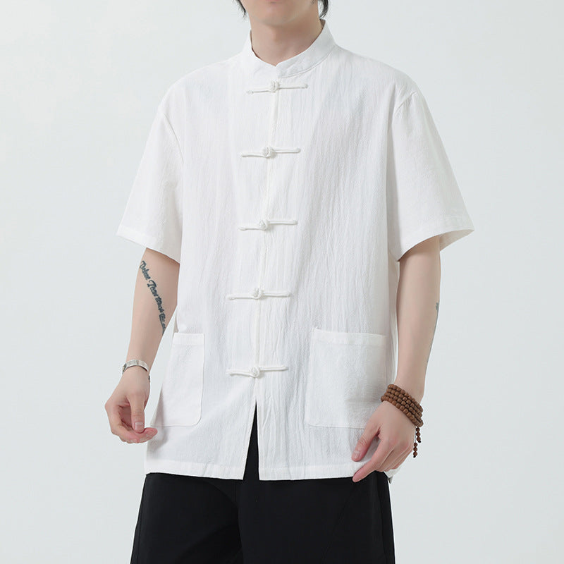 Chinese Style Mens Cotton Linen Shirt Half Sleeve Button Up Casual Top