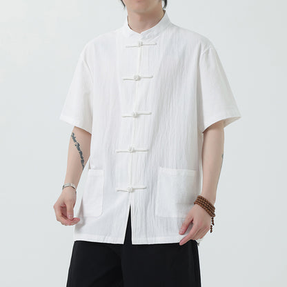 Chinese Style Mens Cotton Linen Shirt Half Sleeve Button Up Casual Top