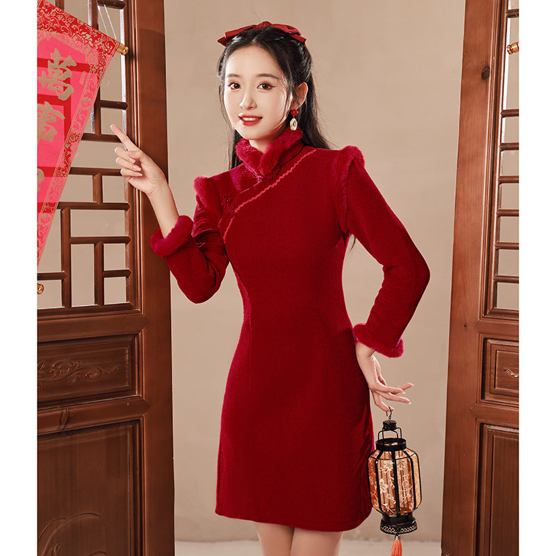 Red Winter Short Qipao Jacket | Fleece-Lined Thickened New Year Dress
