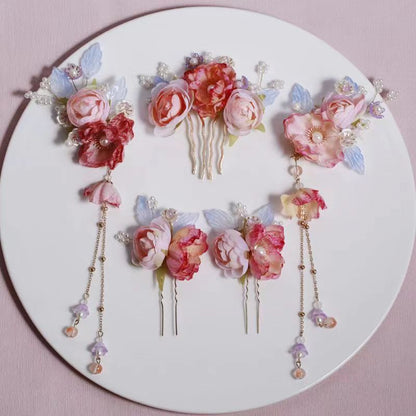 Hanfu Hair Accessories Pink Silk Flower Hairpin Tassel Side Clip