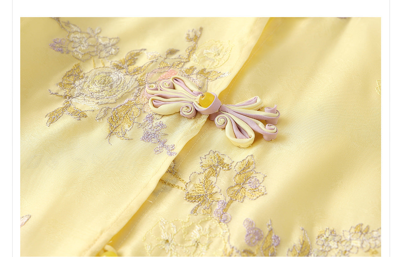 New Chinese Embroidered Feather Sleeve Patchwork Top & Skirt Set