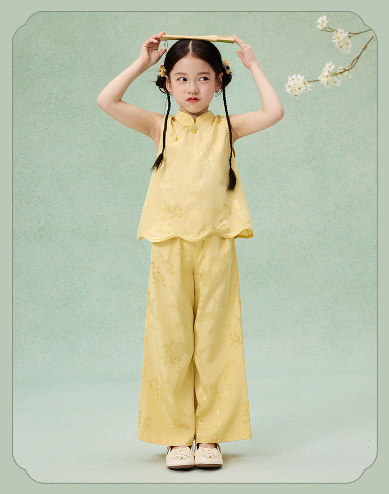 National Style Hanfu-Inspired Summer Set — Top & Pants for Children