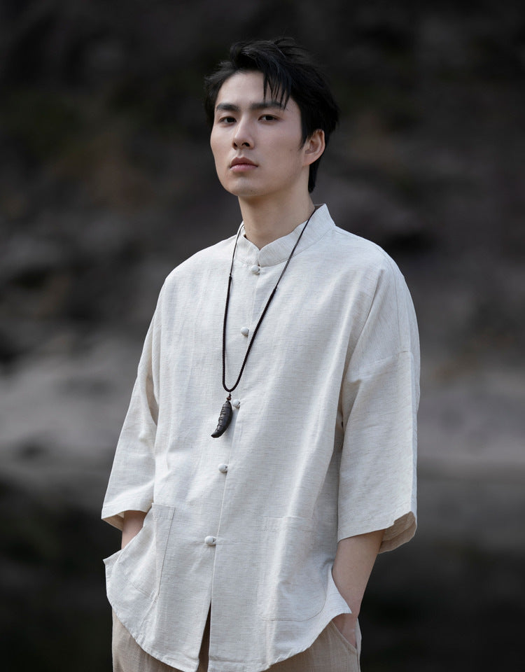 Summer Chinese Cotton Linen Shirt Men Casual Thin Youth Trend Top