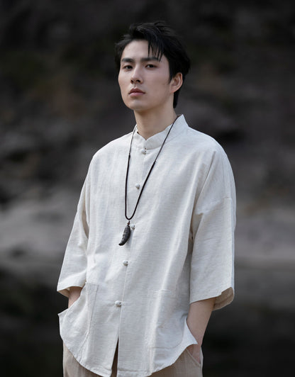 Summer Chinese Cotton Linen Shirt Men Casual Thin Youth Trend Top