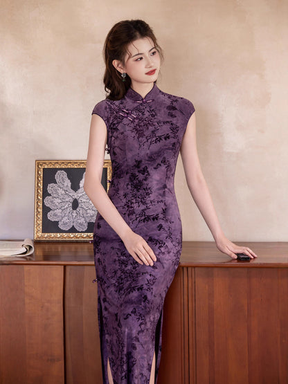 Autumn Elegant Cheongsam – Purple Retro Crescent Sleeve Dress