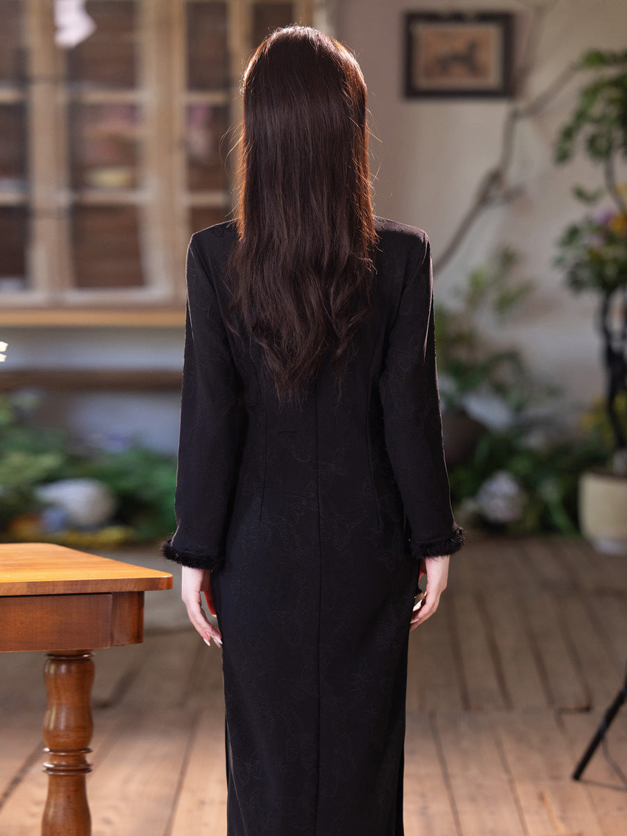 2025 New Black Thickened Cheongsam | Elegant Daily Warm Winter Dress