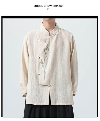 Chinese Style Mens Slanted Collar Hanfu Shirt Long Sleeve Tea Dress