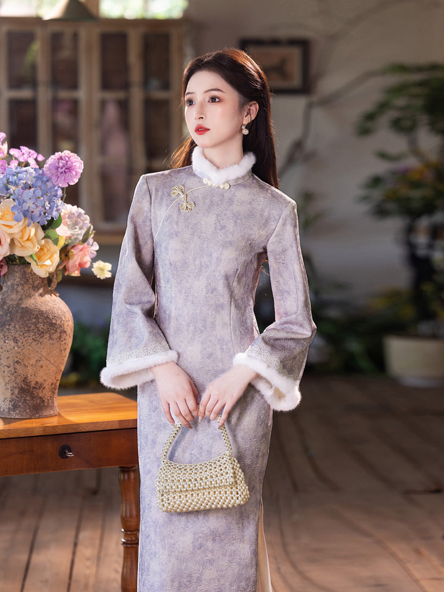 New Chinese Style Purple Qipao | Thickened Warm Retro Winter Dress
