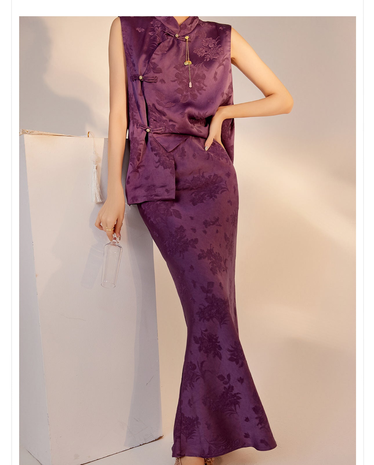 2026New Chinese Style Super Beautiful Purple Printed Rayon Vest and Skirt Early Autumn Set for Women