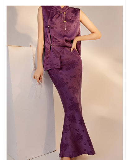 2026New Chinese Style Super Beautiful Purple Printed Rayon Vest and Skirt Early Autumn Set for Women