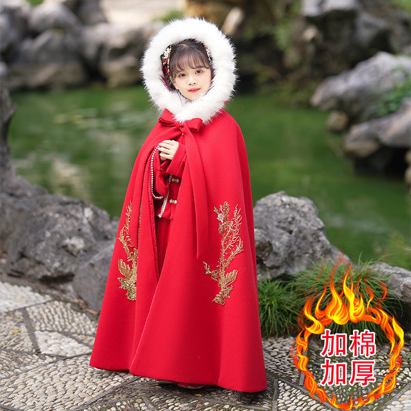 Girls' Winter Hanfu Cloak with Fur Collar Hooded Fairy Cape