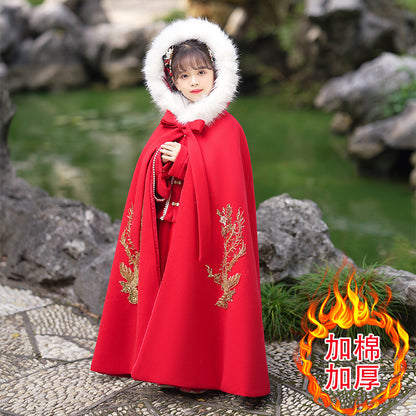 Girls' Winter Hanfu Cloak with Fur Collar Hooded Fairy Cape