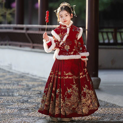 Girls’ Winter Hanfu | 2025 New Year Thickened Horse Face Skirt Outfit