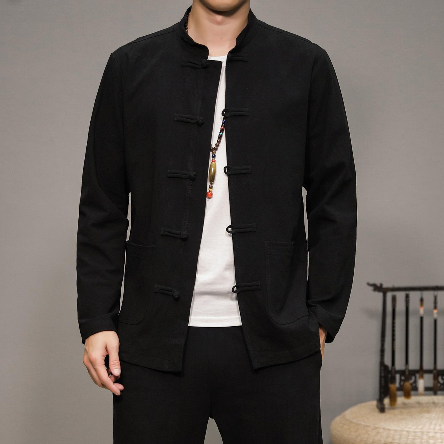 Men’s Chinese Style Cotton Linen Tang Shirt Long Sleeve Casual Retro