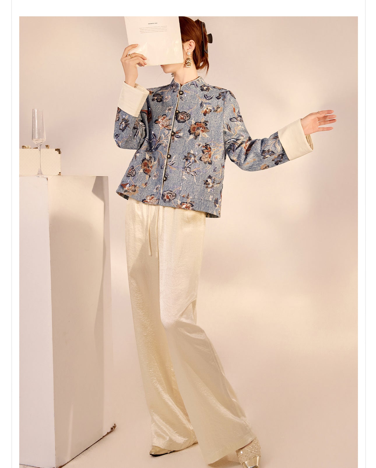 New Chinese Style Denim Jacket | Sequin Embroidery Elegant National Top