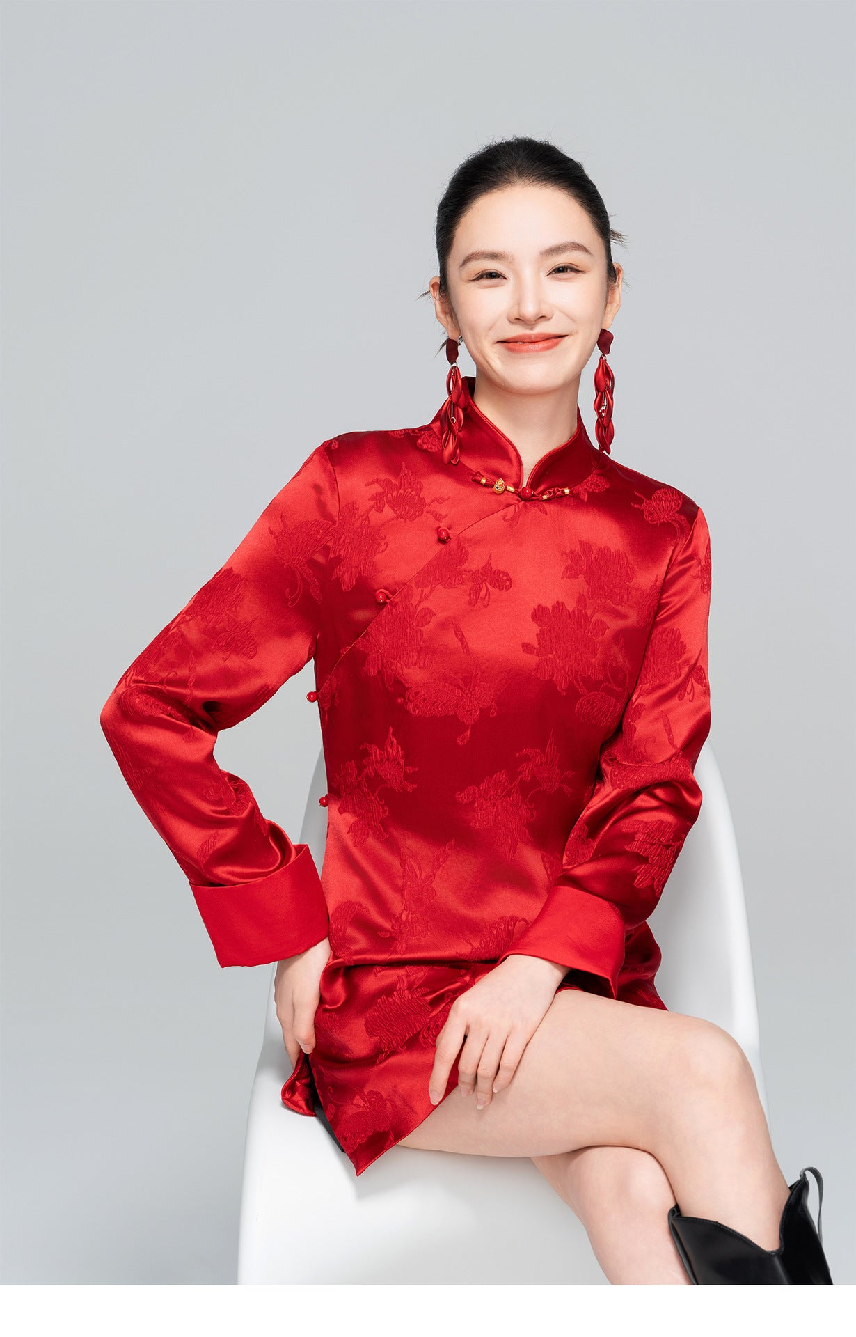 Improved Red Chinese Style Stand Collar Elegant Dress