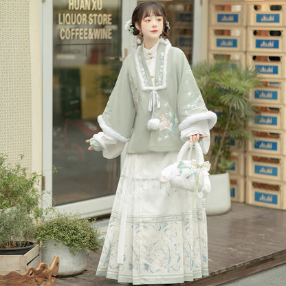 Trees of Sea Women Ming Hanfu Set: Fleece Lined Embroidered Collared Jacket & Horse Face Skirt New Year Outfit