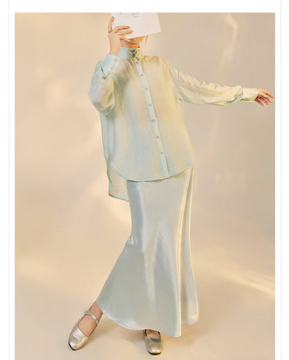 Autumn Button-Up Stand Collar National Style Top & Skirt Set