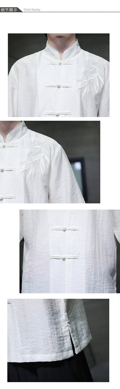 Mens Summer Chinese Embroidered Tang Shirt Hanfu Jushi Suit