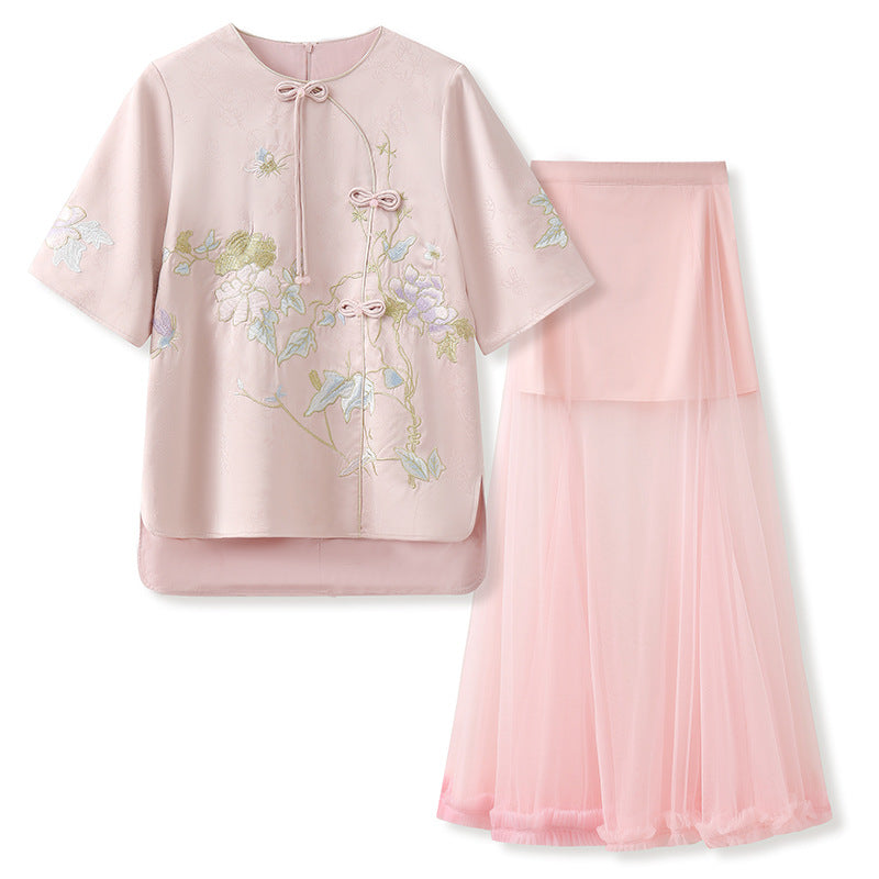 Summer New Chinese Style Embroidered Printed Top and Skirt Set