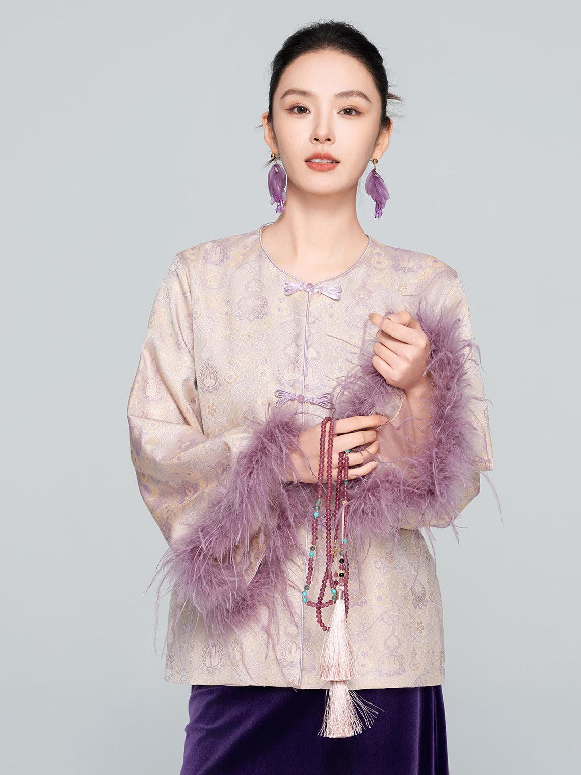 Stylish Satin Jacket with Unique Furry Sleeves