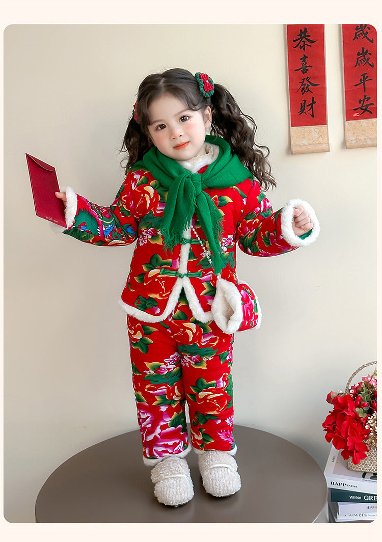 Winter Girls Floral Jacket & Pants Thickened Two-Piece Set
