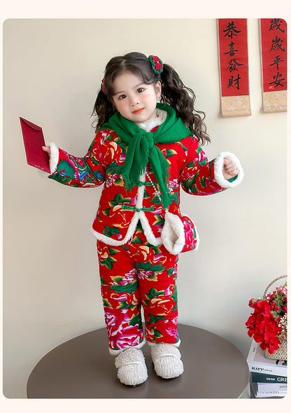 Winter Girls Floral Jacket & Pants Thickened Two-Piece Set