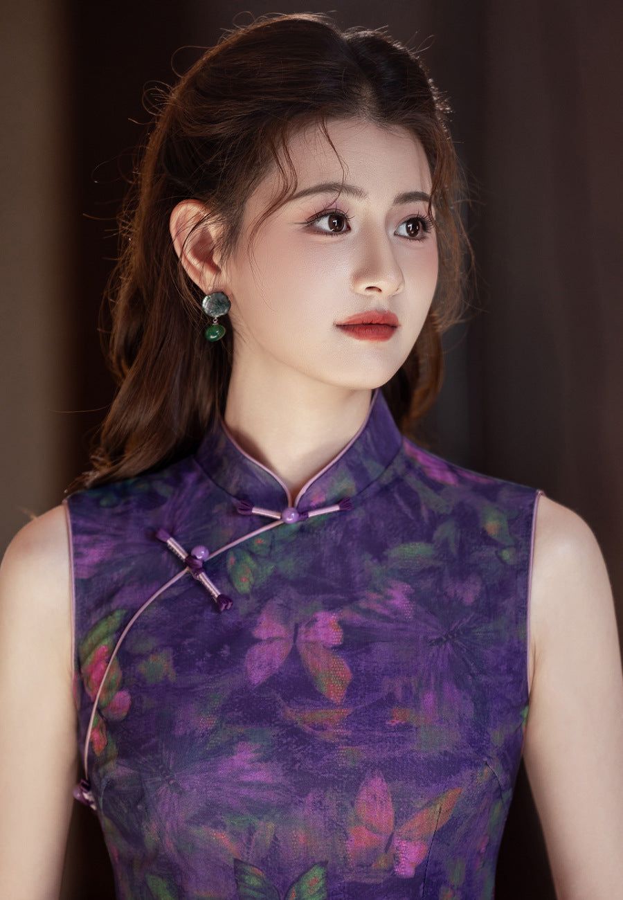 Purple Chinese Style Qipao – Butterfly Elegant Daily Dress