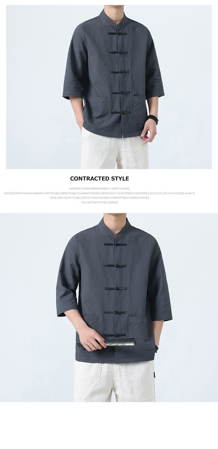 Mens Chinese Cotton Linen Shirt Retro Stand Collar Tang Suit Top